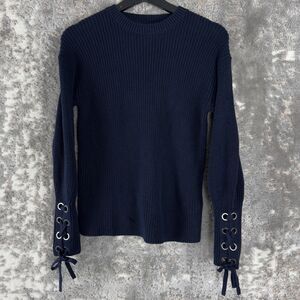 Polo Ralph Lauren Sz S Ribbed Crew Neck Pima Cotton Lace Up Sleeve Sweater Navy